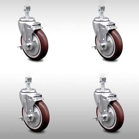 Service Caster 5 Inch SS Maroon Polyurethane Swivel 12mm Threaded Stem Caster Set Brake SCC SCC-SSTS20S514-PPUB-MRN-TLB-M1215-4